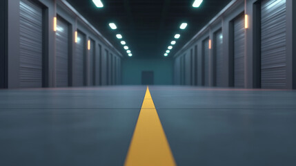 Fototapeta premium Empty storage unit hallway with a yellow line down the middle and overhead lights.