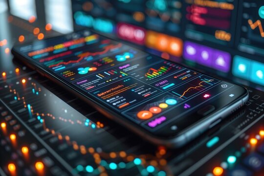 Application of Smartphone with business graph and analytics data on isometric mobile phone. Analysis trends and software development coding process concept. Programming, testing cross platform code