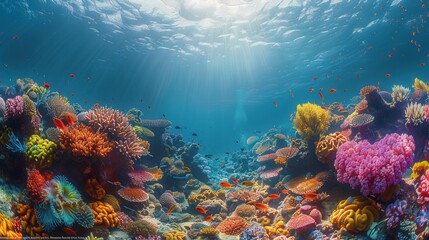 Vibrant Underwater Coral Reef Scene with Sunbeams