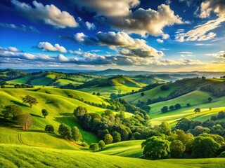 Serene Aesthetic Landscape Background of Rolling Hills and Lush Greenery Under a Clear Blue Sky