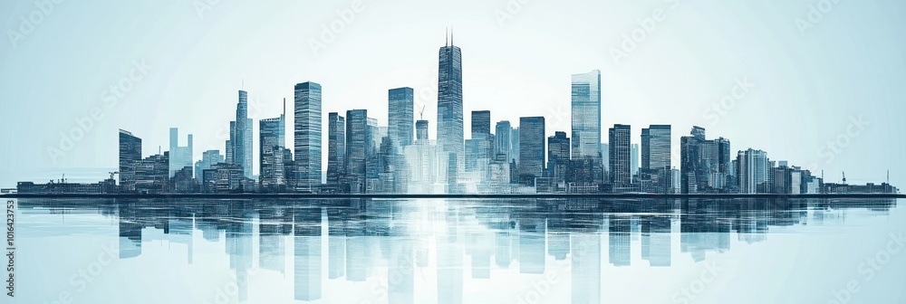 Wall mural A modern city skyline reflected on water, showcasing urban architecture and design.