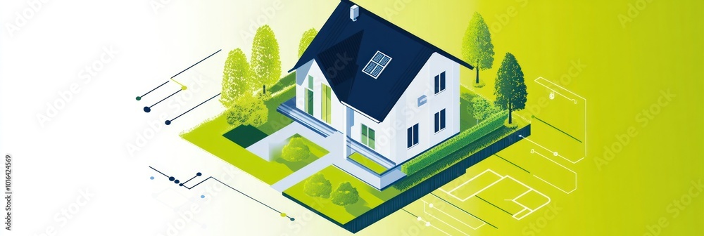 Sticker A stylized illustration of a house with greenery and solar panels, emphasizing modern living.