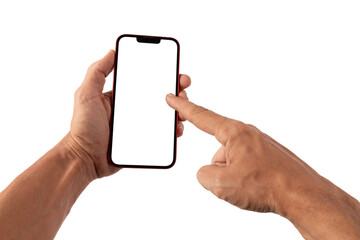 Male hands holding a red smartphone, pointing gesture, white background mockup