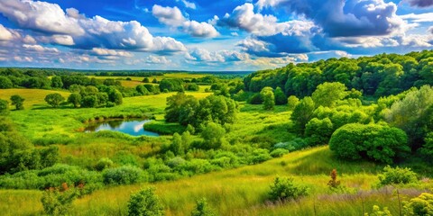 Fototapeta premium Serene Middlefork Savanna Forest Preserve boasts lush greenery and vibrant nature, offering a peaceful escape into a picturesque landscape alive with diverse flora and fauna.