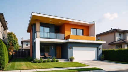Fototapeta premium A modern suburban home boasts vibrant colors and a lush green roof