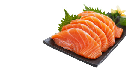 Fresh salmon sashimi on slate plate. transparent background