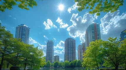 Fototapeta premium City skyline under bright sunny sky with clouds