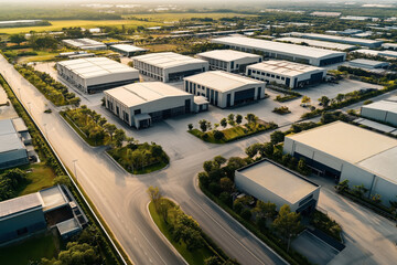 Aerial view of a large industrial park featuring multiple warehouse buildings and clear roads, surrounded by greenery and open spaces.