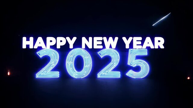Happy New Year 2025: Neon Blue Greeting With Light Trails for Celebrations and Events