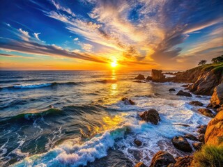Serene Views of the Pacific Ocean with Waves, Rocks, and a Stunning Sunset Over the Horizon