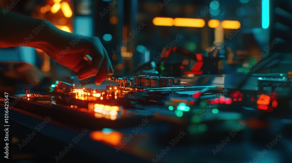 Wall mural A hand adjusts glowing circuit components in a dimly lit tech workspace.