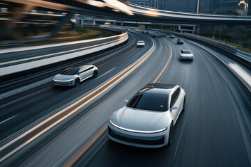 Fototapeta premium Modern electric cars driving on a multi-lane highway. The scene captures a futuristic urban setting with sleek, aerodynamic vehicles speeding on smoothly curved roads.