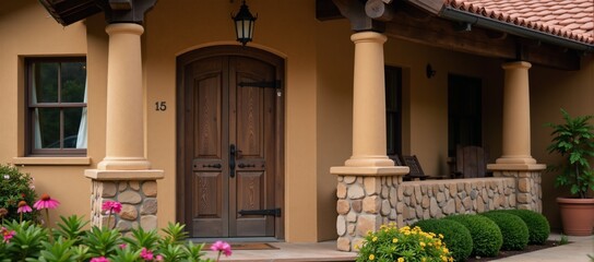 Fototapeta premium Rustic earthen-colored dwelling with terracotta-tile roof weathered wood doors natural stone facade
