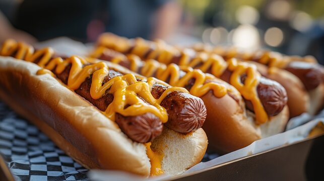 Close-up of Hot Dogs with Yellow Mustard