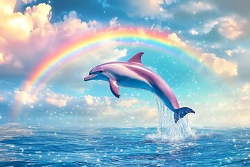 A stunning image captures a playful dolphin leaping from the water as it basks beneath a vibrant rainbow in the sky The tranquil clouds above create a