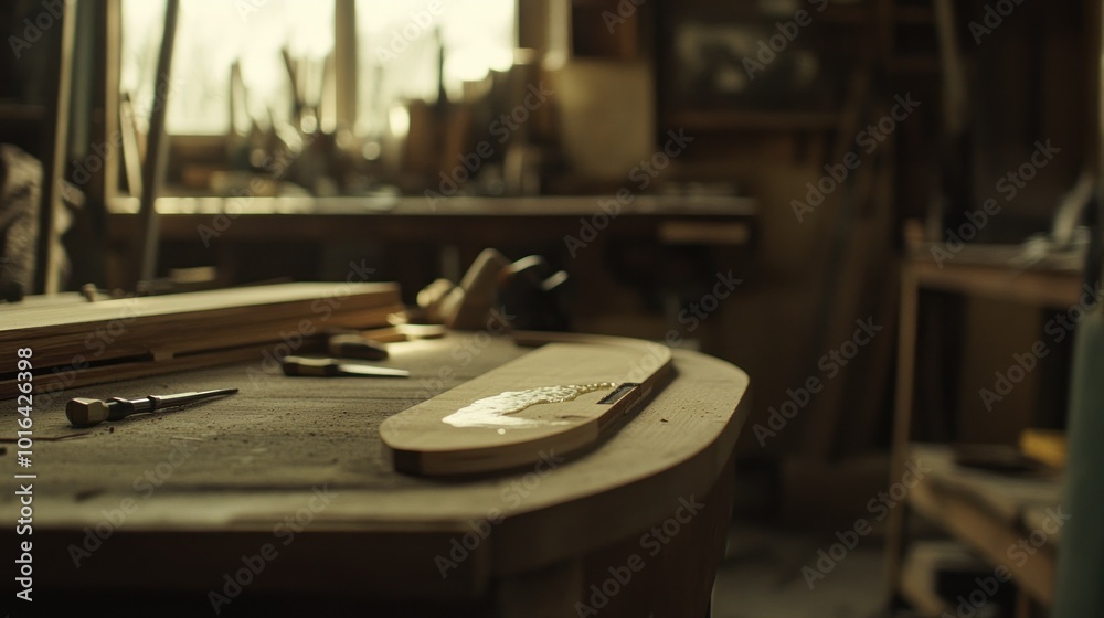 Poster A woodworking shop with tools and materials on a workbench, emphasizing craftsmanship.