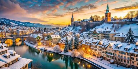 Naklejka premium Snow blankets Bern, Switzerland, as historic architecture merges with a winter wonderland, showcasing the city's scenic beauty and inviting visitors to explore its charming streets.