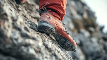Close up on a climber's foot in yellow climbing shoes, wearing red pants, scaling a cliff face.