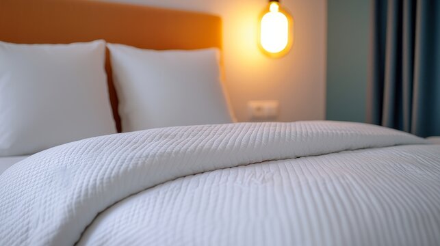 Cozy white bedding on a comfortable hotel bed with soft pillows.
