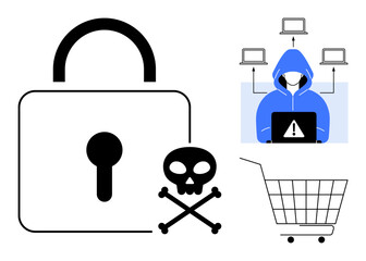 Large lock and skull and crossbones is central, hoodie-clad hacker with computers above, and empty shopping cart below. Ideal for digital security, cybercrime, online protection, malware, and safe