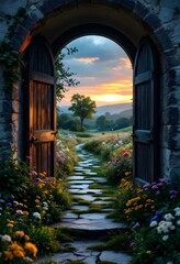 Fototapeta premium Scenic stone path through open gate at sunset, leading to a vibrant meadow.