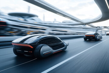 Obraz premium Futuristic scene featuring autonomous electric cars driving on a sleek, elevated roadway surrounded by advanced architectural structures in a modern cityscape.