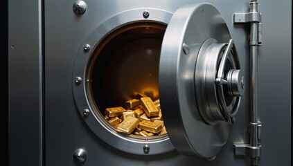 Bank vault cartoon illustration featuring an opened safe with gold ingots