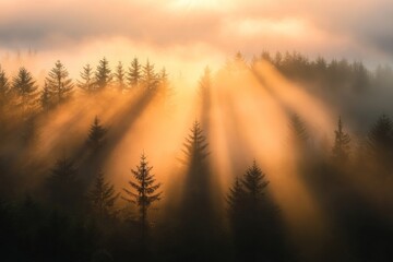 Sunlit misty forest landscape