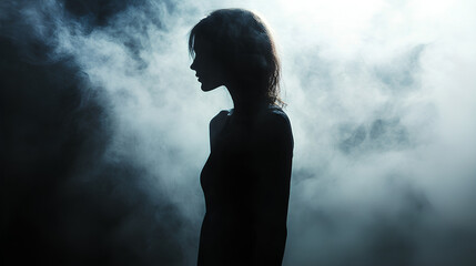 Fototapeta premium A woman's silhouette stands alone in a thick fog, creating a sense of mystery and intrigue.