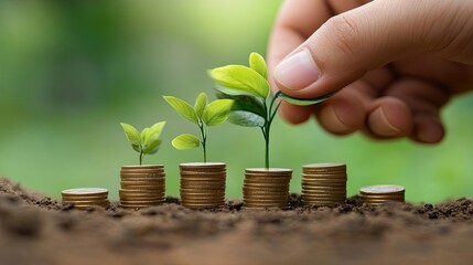 investment ideas, company growth, renewable energy, environmental development, environmental investment, hand with coins and growing tree, profit in the future, concept 
