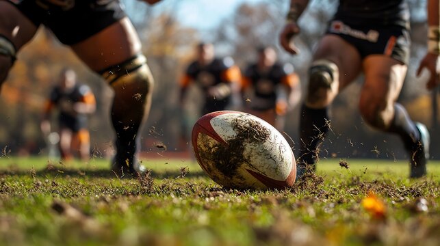 A rugby ball sits on a grassy field with players blurred in the background.