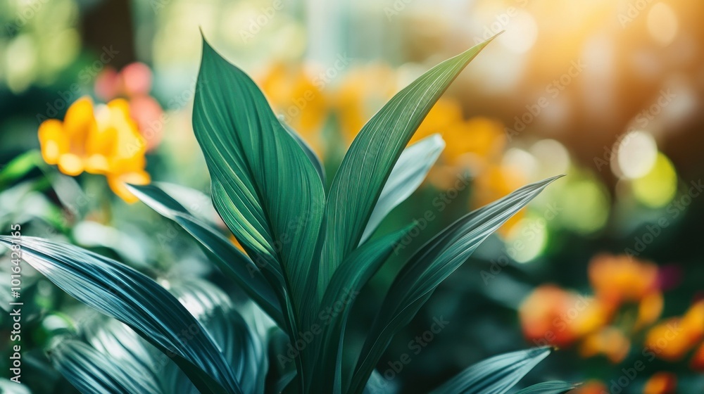 Canvas Prints Lush green leaves in a vibrant garden setting with blurred flowers in the background.