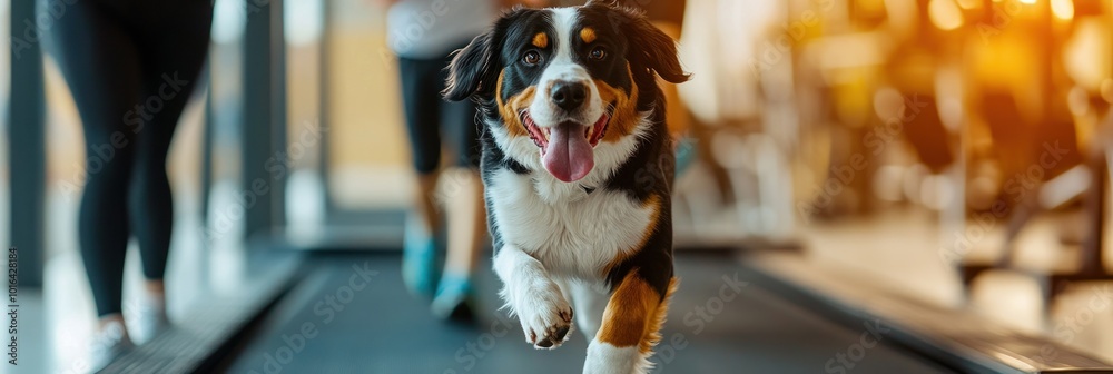 Canvas Prints A dog happily running on a treadmill in a gym setting, showcasing fitness and companionship.