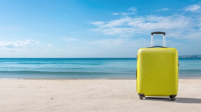 A green suitcase stands on a sandy beach, surrounded by palm trees and the ocean, evoking the joy of summer vacations and travel adventures under a bright blue sky.