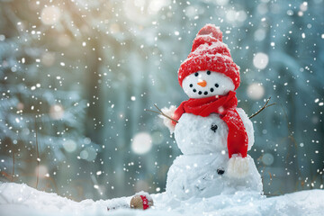 Christmas greeting card with bright winter holiday snowman and New Year background