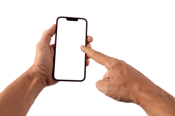 Male hands holding a red smartphone, pointing gesture, no background mockup
