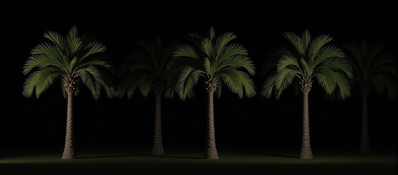 Isolated 3D rendered night scene of illuminated Roystonea regia palm tree against a blurred background for architectural visualization purposes
