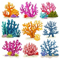 Set of Colorful Coral Reefs Isolated on Transparent 