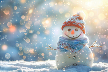 Christmas greeting card with bright winter holiday snowman and New Year background