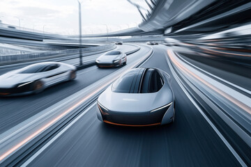 Fototapeta premium Futuristic cars on a multi-lane highway, showcasing advanced autonomous vehicles in motion with sleek, aerodynamic designs on a modern, elevated roadway.