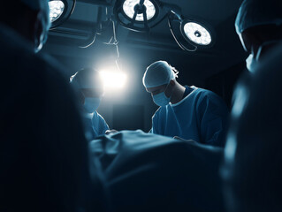 Surgeons performing an operation in a dimly lit operating room, highlighting teamwork and medical expertise