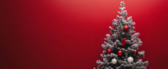 Christmas Tree with Christmas ornaments on red background, copy space