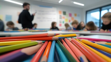 A vibrant collection of colored pencils in a classroom setting with students engaged in activities.