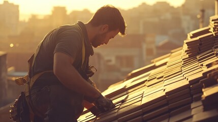 Fototapeta premium A worker installs tiles on a rooftop during sunset, showcasing craftsmanship and dedication.