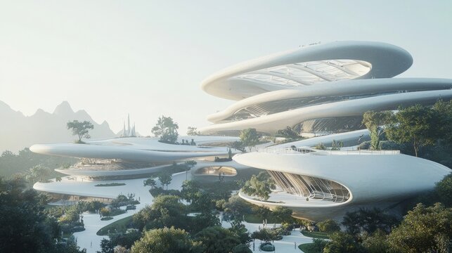 Photorealistic Concept Art of Futuristic Architectural Wonder - Stunning Art Museum with Flowing Design, Expansive Galleries, and Outdoor Sculptures in Lush Landscape