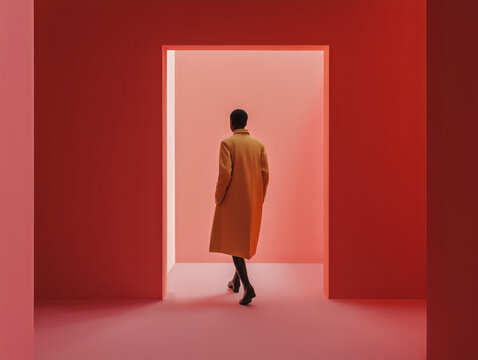 Minimalist scene of a woman in a yellow coat walking through a red doorway, symbolizing transition and new beginnings