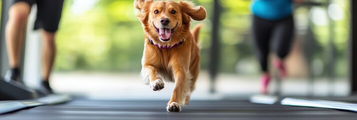 A happy dog running on a treadmill alongside people exercising.