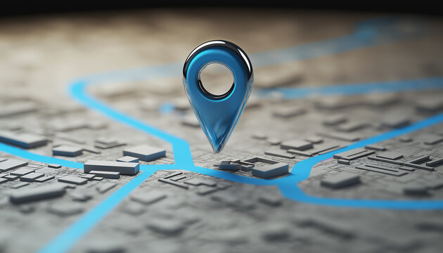 detailed abstract city map featuring prominent blue location pin icon, symbolizing navigation and direction. intricate design highlights urban elements, creating modern and engaging visual