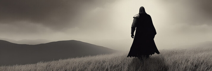 A lone figure in a long cloak walks away from the camera, towards a hazy hillside.