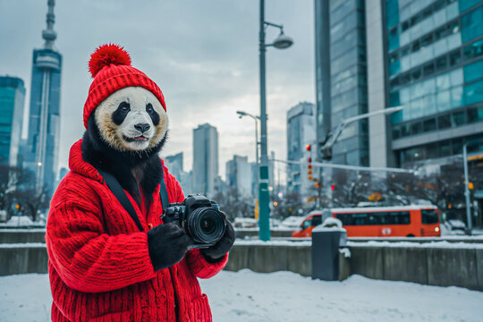 cute panda taking a photo while sightseeing around city in winter, the panda is wearing a red woolly hat and red woolly jumper